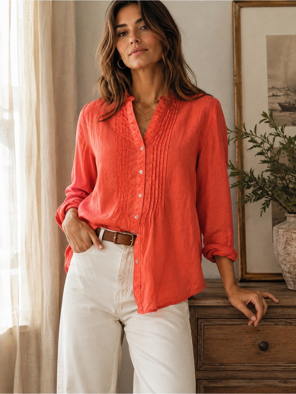 Malvin Linen Women's Coral Button-Front Pintuck Blouse- Size M/8